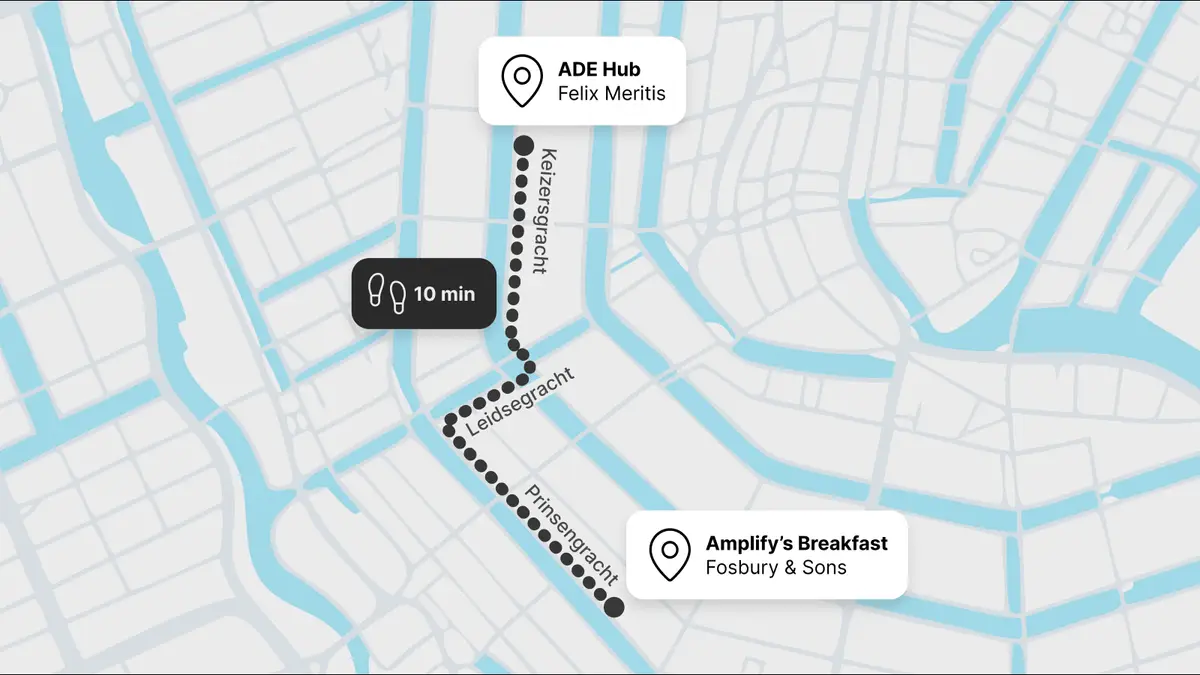 Map of the ten-minute walk from Felix Meritis to the Amplify breakfast at Fosbury & Sons