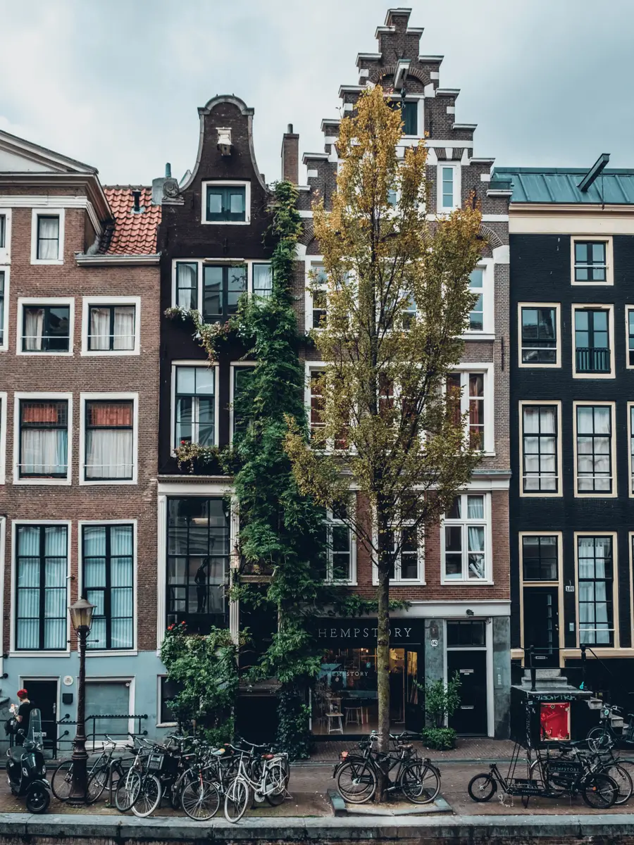 Amsterdam canal houses with bicycles parked along the waterfront