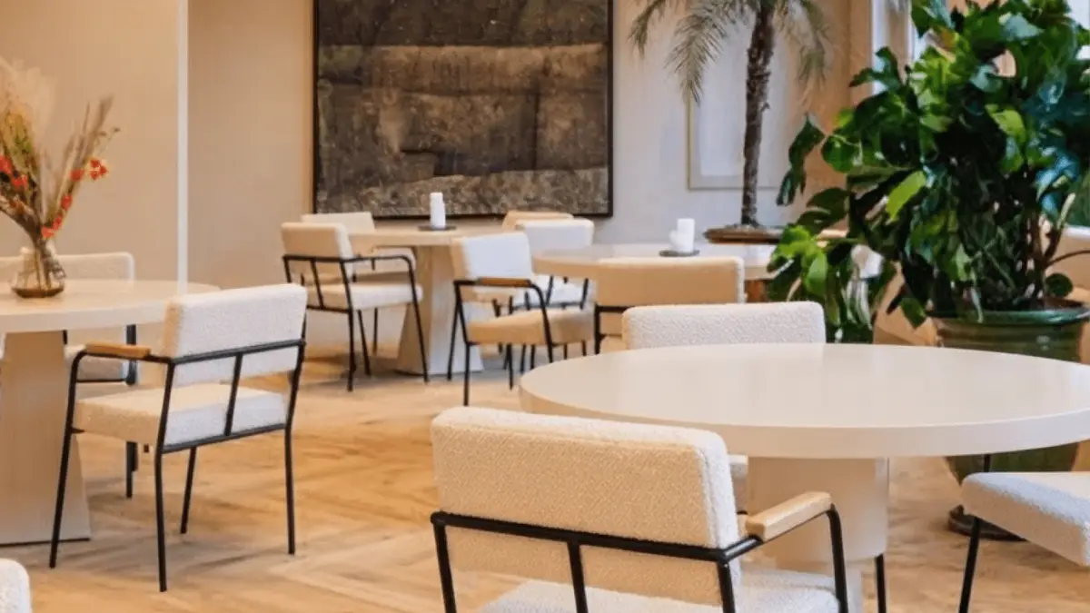 The dining room at Fosbury & Sons, set with round tables and cream chairs